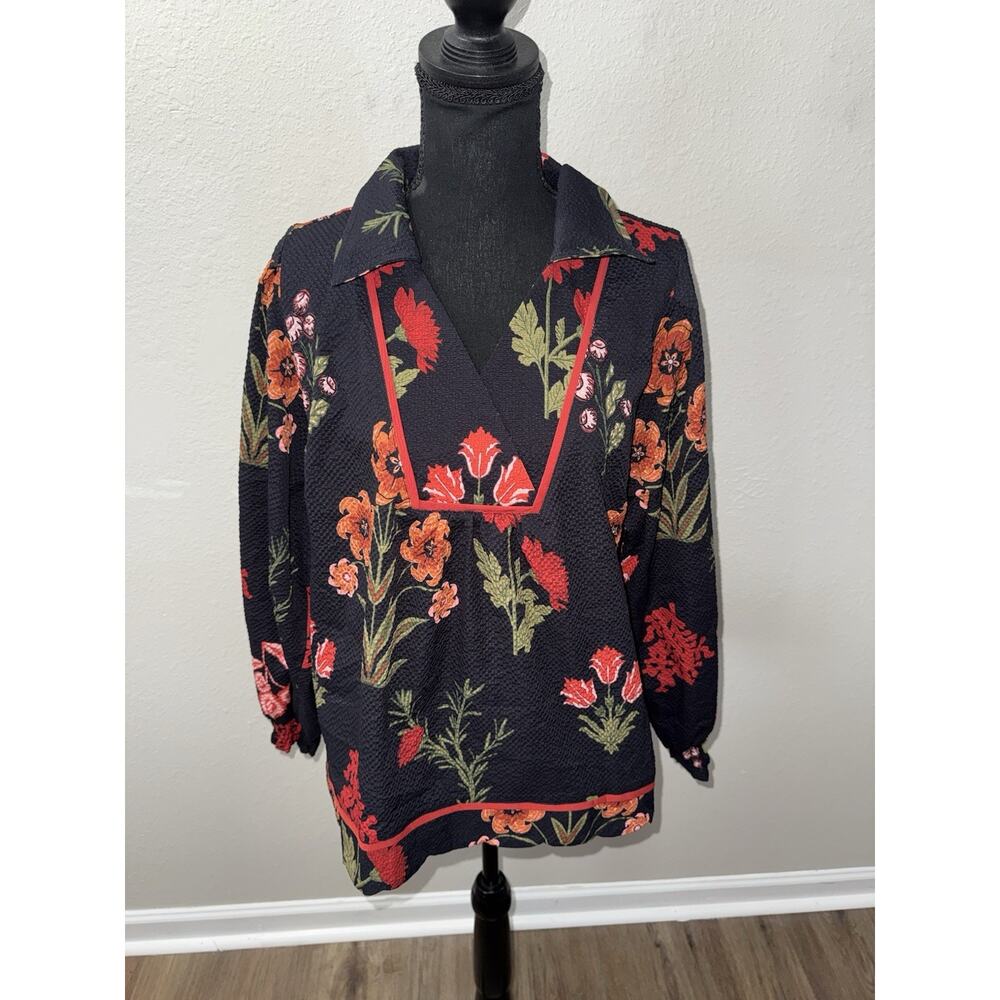 Umgee Floral Top Large Black Red Orange Seersucker Textured Long Sleeve NEW